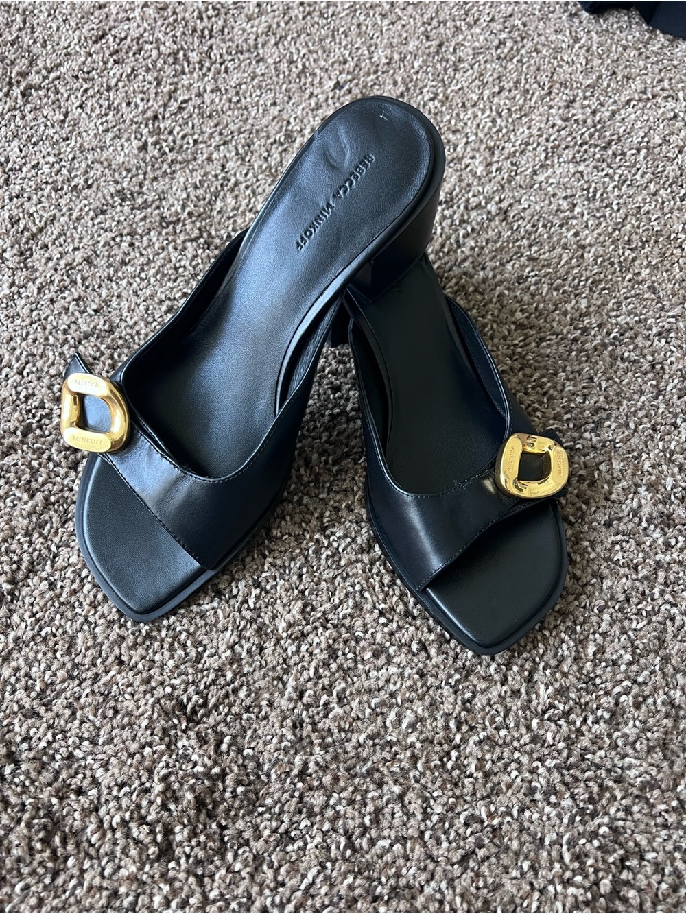 Rebecca Minkoff Black Leather Slide Mules with Gold Buckle